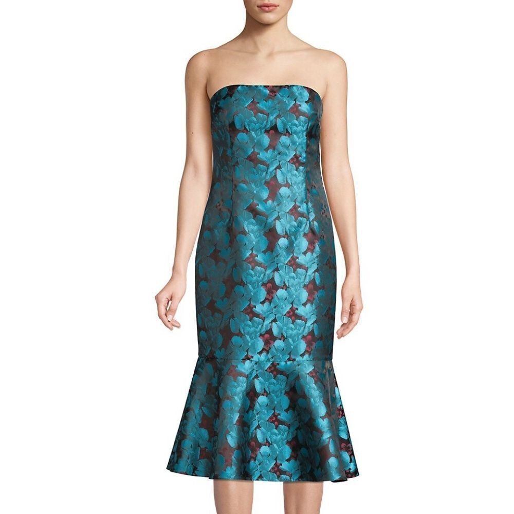 NEW Aidan Teal Burgundy Strapless Jacquard Metallic Trumpet Midi Formal  Dress 0